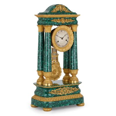 Antique 19th Century Bourbon Restauration Malachite and Gilt Bronze Mantel Clock
