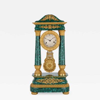 Antique 19th Century Bourbon Restauration Malachite and Gilt Bronze Mantel Clock