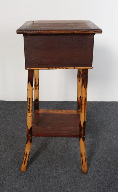 Antique Aesthestic Movement Stained Oak Sewing Decorative Box on Bamboo Stand