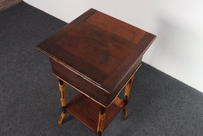 Antique Aesthestic Movement Stained Oak Sewing Decorative Box on Bamboo Stand