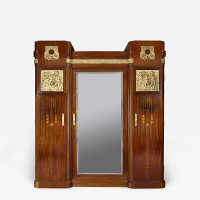 Antique Aesthetic Style Marquetry and Gilt Bronze Wardrobe with Mirror