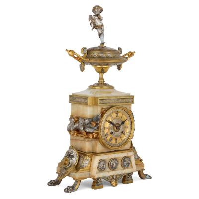 Antique Alabaster Ormolu and Silvered Bronze Clock Set in the Neo Grec Style