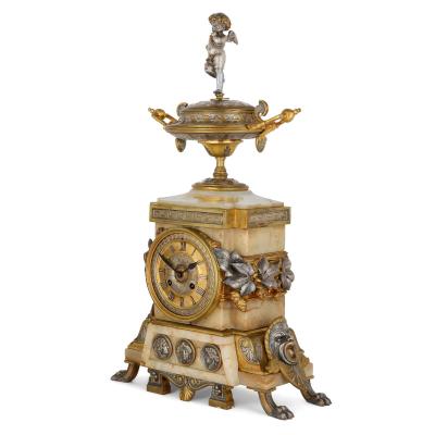 Antique Alabaster Ormolu and Silvered Bronze Clock Set in the Neo Grec Style
