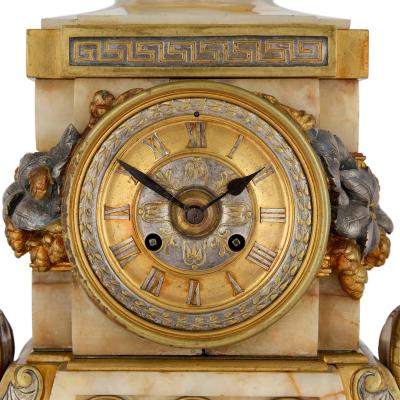 Antique Alabaster Ormolu and Silvered Bronze Clock Set in the Neo Grec Style