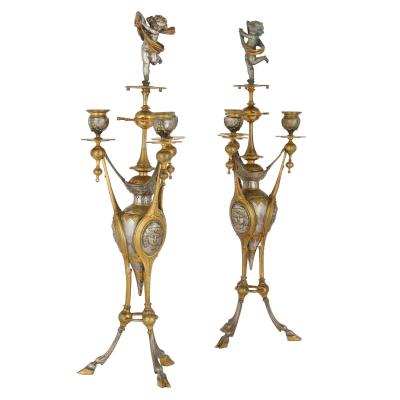 Antique Alabaster Ormolu and Silvered Bronze Clock Set in the Neo Grec Style