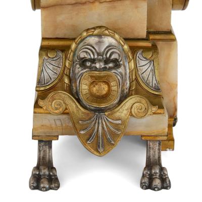 Antique Alabaster Ormolu and Silvered Bronze Clock Set in the Neo Grec Style