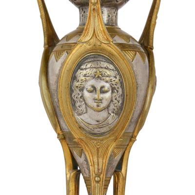Antique Alabaster Ormolu and Silvered Bronze Clock Set in the Neo Grec Style