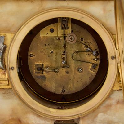 Antique Alabaster Ormolu and Silvered Bronze Clock Set in the Neo Grec Style