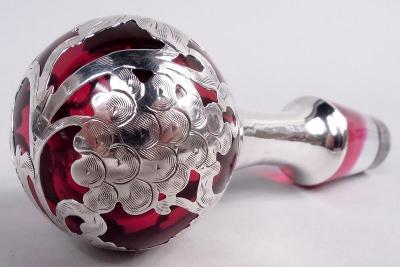 Antique Alvin Art Nouveau Red Grapevine Silver Overlay Decanter