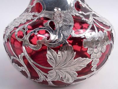 Antique Alvin Art Nouveau Red Grapevine Silver Overlay Decanter