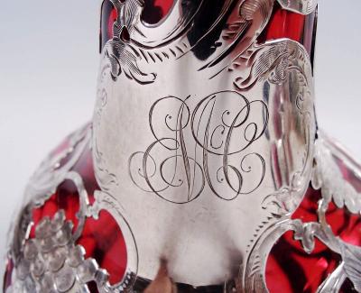 Antique Alvin Art Nouveau Red Grapevine Silver Overlay Decanter