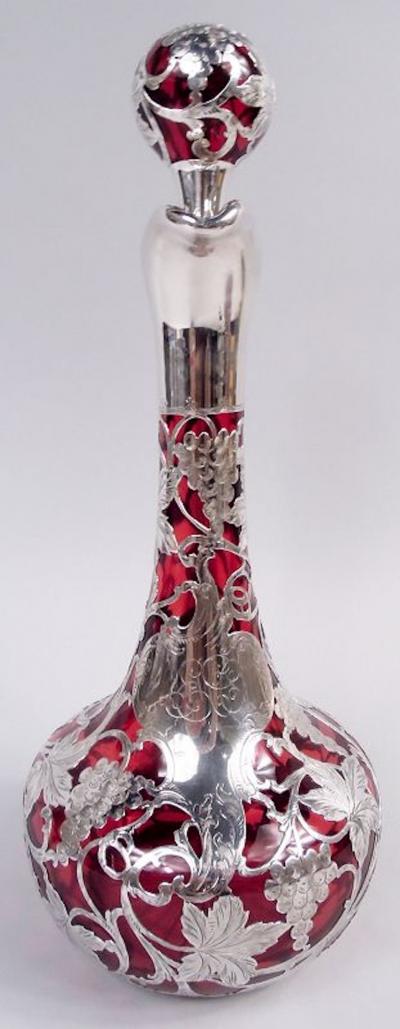 Antique Alvin Art Nouveau Red Grapevine Silver Overlay Decanter