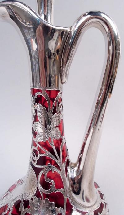 Antique Alvin Art Nouveau Red Grapevine Silver Overlay Decanter