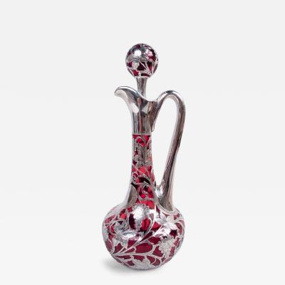 Antique Alvin Art Nouveau Red Grapevine Silver Overlay Decanter