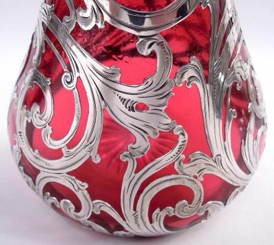 Antique Alvin Art Nouveau Red Leafing Scroll Silver Overlay Decanter