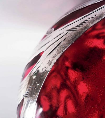 Antique Alvin Art Nouveau Red Leafing Scroll Silver Overlay Decanter