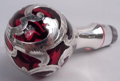 Antique Alvin Art Nouveau Red Leafing Scroll Silver Overlay Decanter