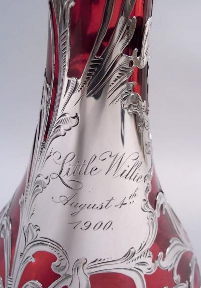 Antique Alvin Art Nouveau Red Leafing Scroll Silver Overlay Decanter