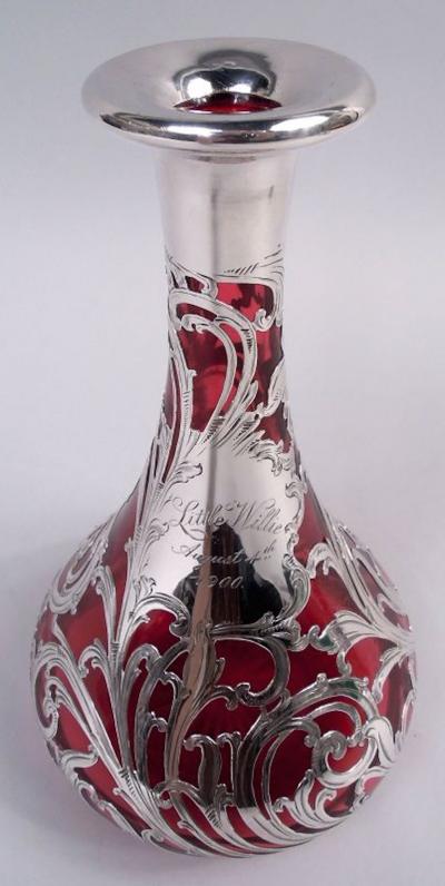 Antique Alvin Art Nouveau Red Leafing Scroll Silver Overlay Decanter