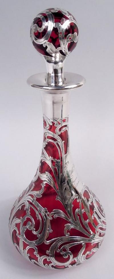 Antique Alvin Art Nouveau Red Leafing Scroll Silver Overlay Decanter