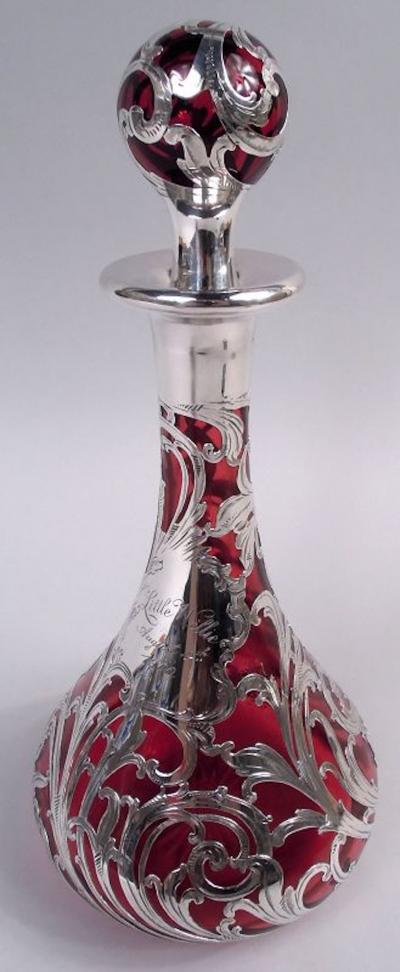 Antique Alvin Art Nouveau Red Leafing Scroll Silver Overlay Decanter