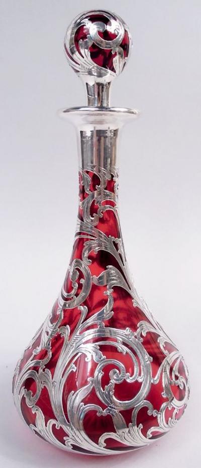 Antique Alvin Art Nouveau Red Leafing Scroll Silver Overlay Decanter