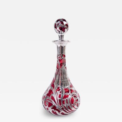 Antique Alvin Art Nouveau Red Leafing Scroll Silver Overlay Decanter