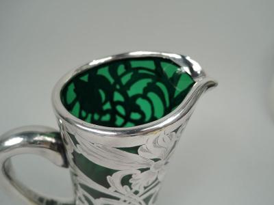 Antique American Art Nouveau Green Silver Overlay Claret Jug