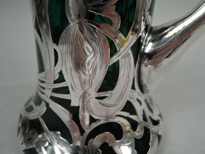 Antique American Art Nouveau Green Silver Overlay Claret Jug