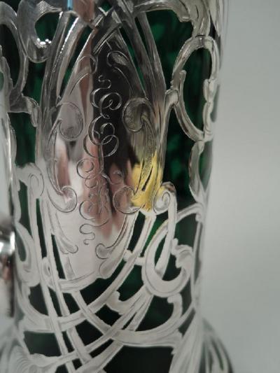 Antique American Art Nouveau Green Silver Overlay Claret Jug