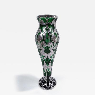 Antique American Art Nouveau Green Silver Overlay Vase