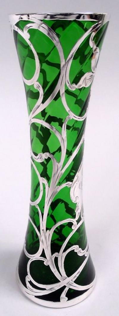 Antique American Art Nouveau Green Silver Overlay Vase