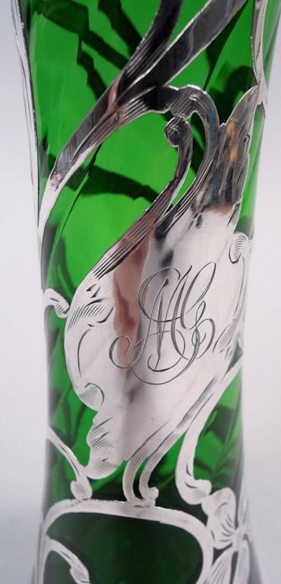 Antique American Art Nouveau Green Silver Overlay Vase