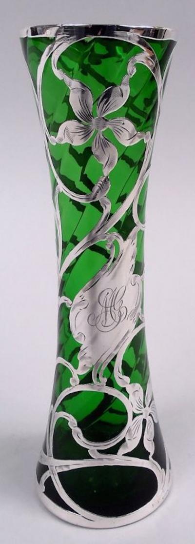 Antique American Art Nouveau Green Silver Overlay Vase