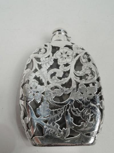 Antique American Art Nouveau Silver Overlay Ladys Flask
