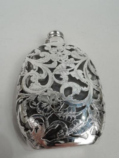 Antique American Art Nouveau Silver Overlay Ladys Flask