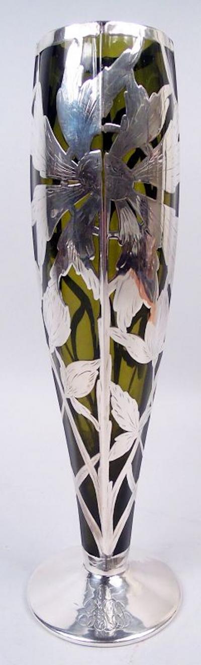 Antique American Art Nouveau Silver Overlay Vase in Rare Olive Green