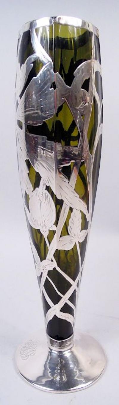 Antique American Art Nouveau Silver Overlay Vase in Rare Olive Green