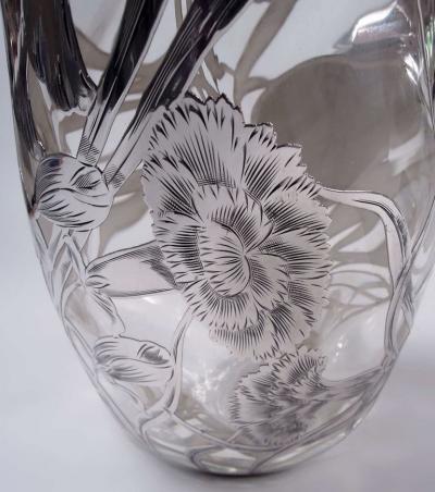 Antique American Art Nouveau Silver Overlay Water Pitcher