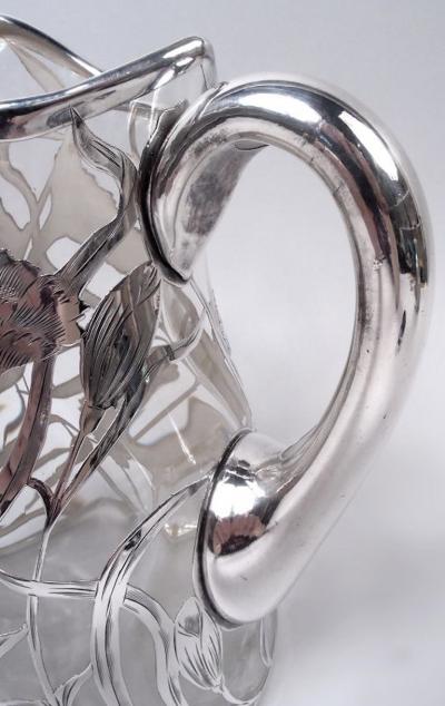 Antique American Art Nouveau Silver Overlay Water Pitcher