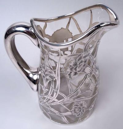 Antique American Art Nouveau Silver Overlay Water Pitcher