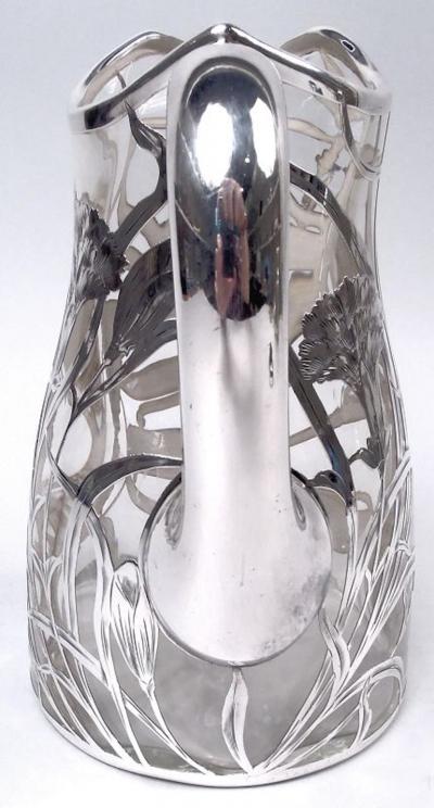 Antique American Art Nouveau Silver Overlay Water Pitcher