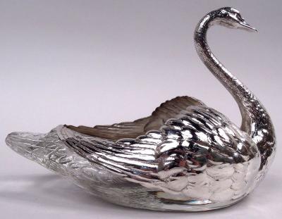 Antique American Edwardian Sterling Silver and Glass Swan Bowl