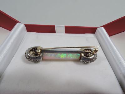 Antique American Platinum and Diamond Brooch with Fiery Pipe Opal