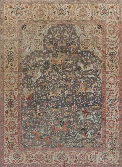 Antique Animal Turkish Hereke Beige Brown Pink Purple Red Yellow Wool Rug