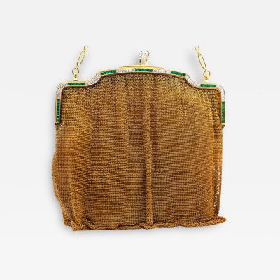 Antique Art Deco 18K Gold Mesh Evening Bag With Emerald and Diamond Frame