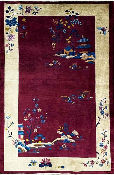 Antique Art Deco Chinese Carpet C 1920s Tree of Knowledge