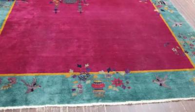 Antique Art Deco Chinese Carpet The Watch Bird 88 x 114 