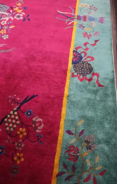 Antique Art Deco Chinese Carpet The Watch Bird 88 x 114 