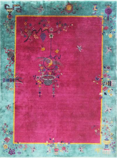 Antique Art Deco Chinese Carpet The Watch Bird 88 x 114 